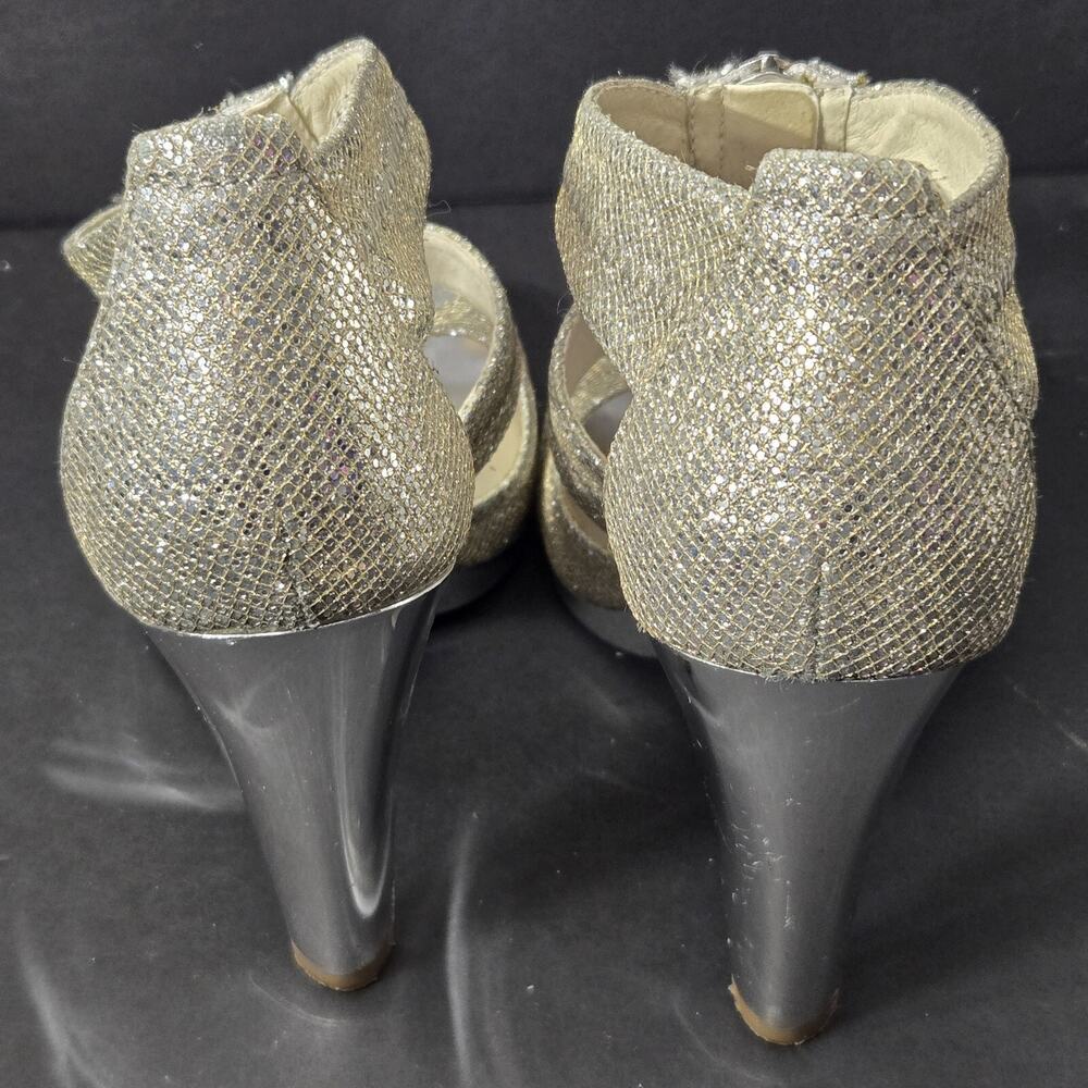 Michael Kors Women's Berkley Size 7.5 High Heel Silver Glitter Zip Sandal Shoes - Picture 9 of 16